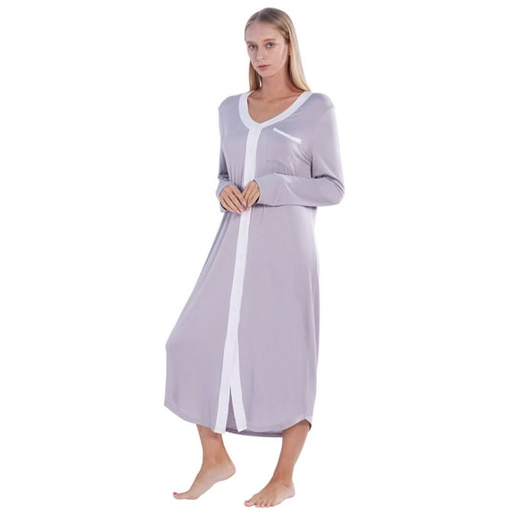 EFINNY Women's Nightgowns Long Sleeve Button Down Nightshirt V-Neck Loungewear Pajama Dress for Maternity Nursing Breastfeeding Delivery Labor Gown