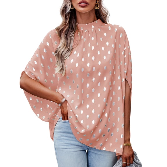 EFINNY Women's Pleated Round Neck Middle Sleeve Shirts Hot Stamping Blouse