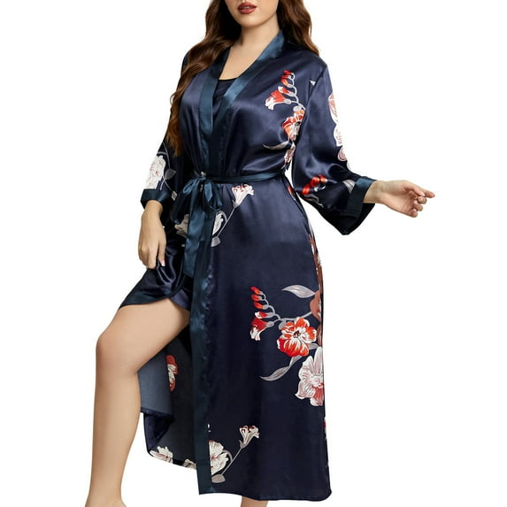 EFINNY Women's Plus Size Floral Print Robe Long Sleeve Satin Silk Long Nightgown Bathrobe for Bridesmaid Wedding Party Loungewear