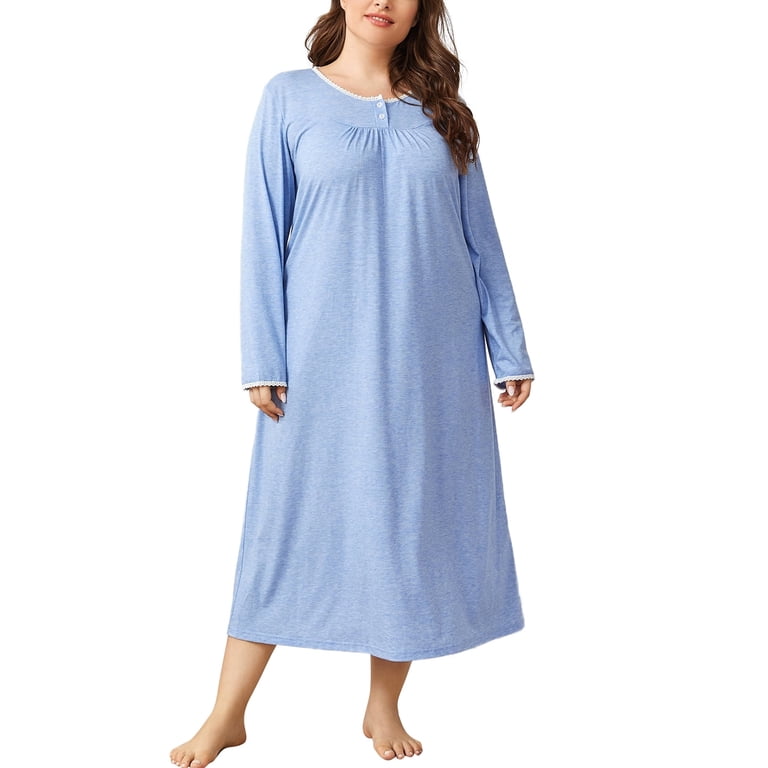 EFINNY Women's Plus Size Long Nightgown Lace Stitch Cotton Blend Nightdress  Long Sleeve Loungewear - Walmart.com
