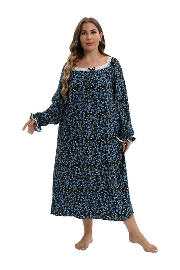 Women's Plus Size Long Nightgowns Floral Print Long Sleeve Long T-Shirt Lounger House Dress Casual Loose Nightshirts, XL-5XL