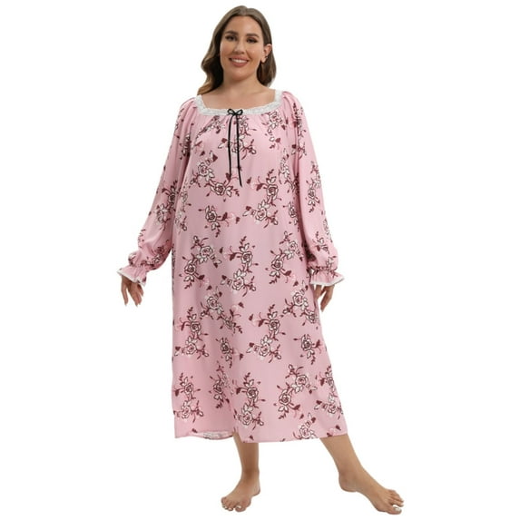 EFINNY Women's Plus Size Long Nightgowns Floral Print Long Sleeve Long T-Shirt Lounger House Dress Casual Loose Nightshirts, XL-5XL