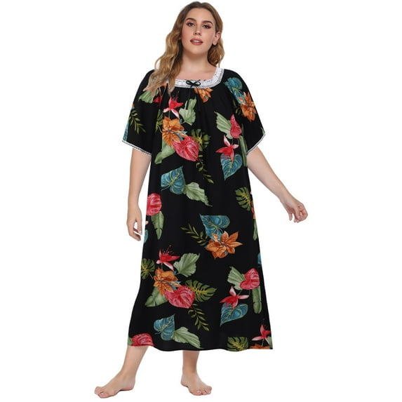 EFINNY Women's Plus Size Long Nightgowns Floral Print Short Sleeve Long T-Shirt Lounger House Dress Casual Loose Nightshirts, XL-5XL