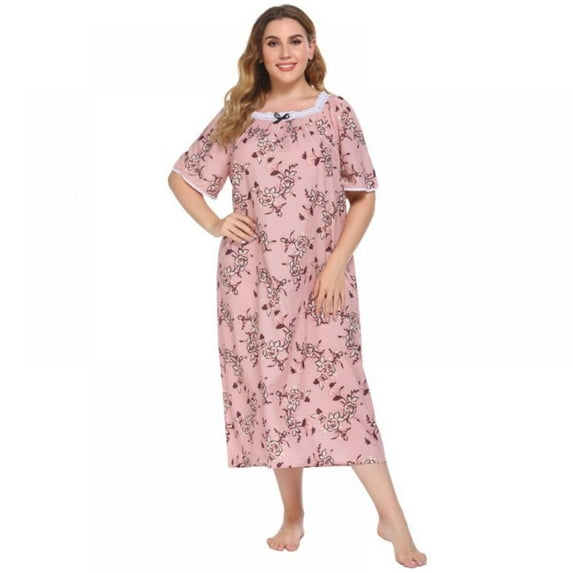 EFINNY Women's Plus Size Long Nightgowns Floral Print Short Sleeve Long T-Shirt Lounger House Dress Casual Loose Nightshirts, XL-5XL
