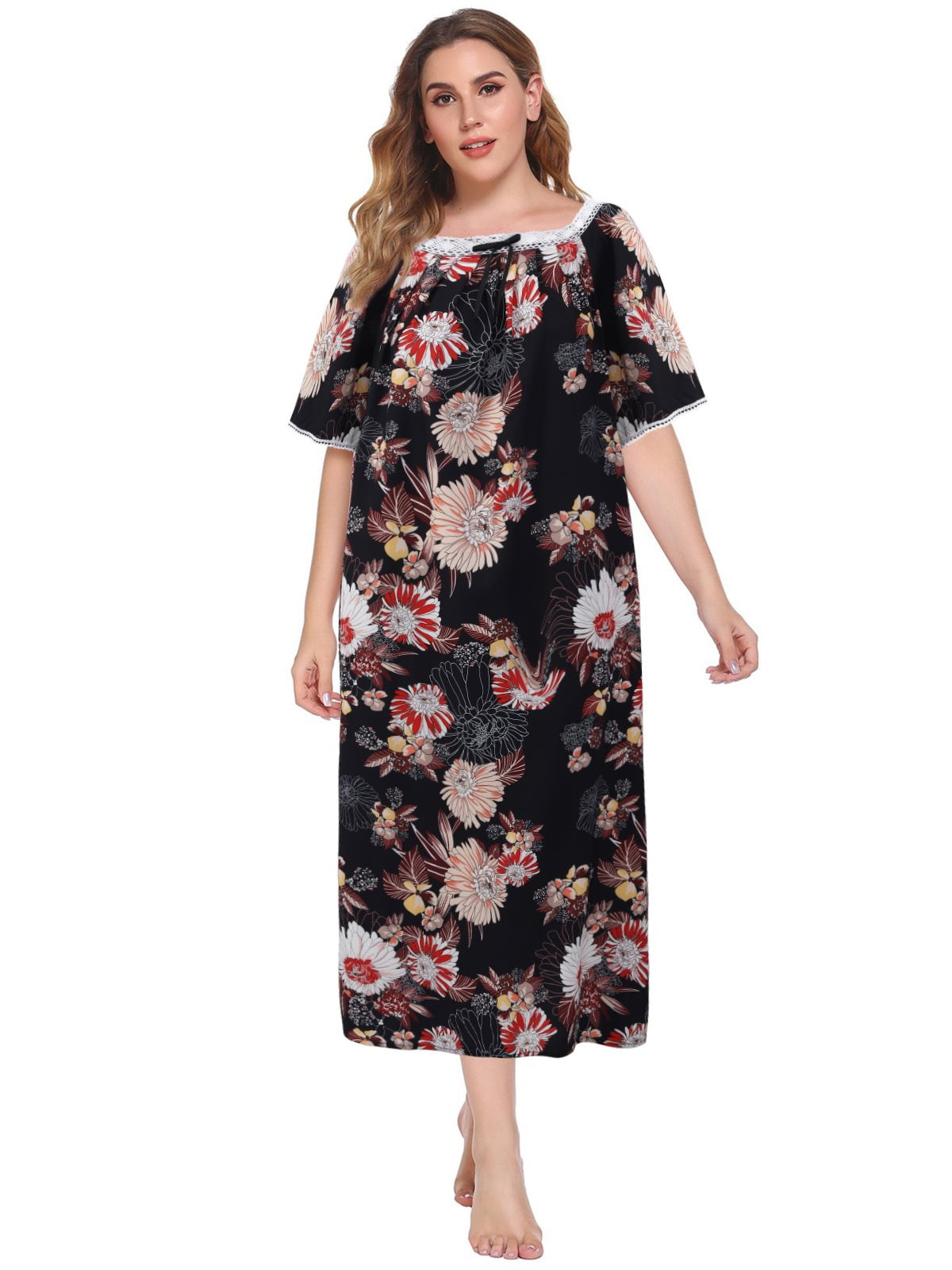 EFINNY Women's Plus Size Long Nightgowns Floral Print Short Sleeve Long