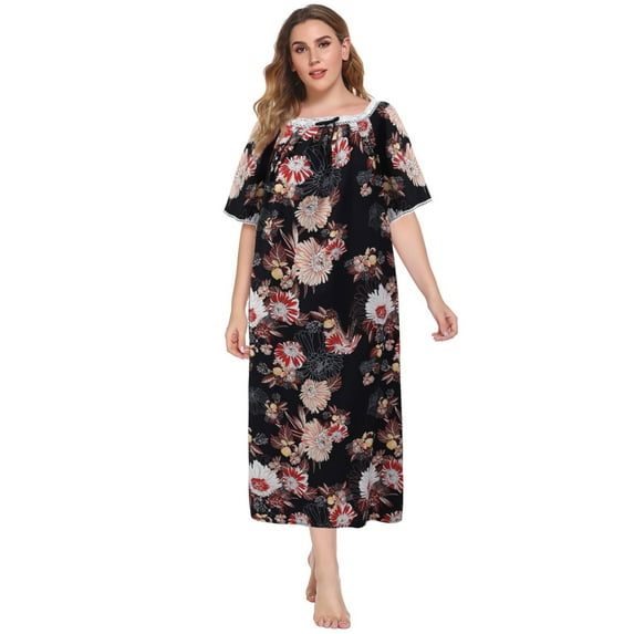 EFINNY Women's Plus Size Long Nightgowns Floral Print Short Sleeve Long T-Shirt Lounger House Dress Casual Loose Nightshirts, XL-5XL