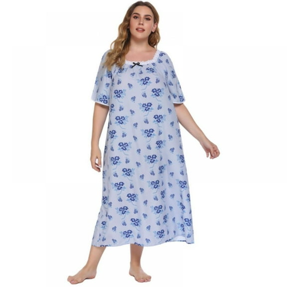 EFINNY Women's Plus Size Long Nightgowns Floral Print Short Sleeve Long T-Shirt Lounger House Dress Casual Loose Nightshirts, XL-5XL