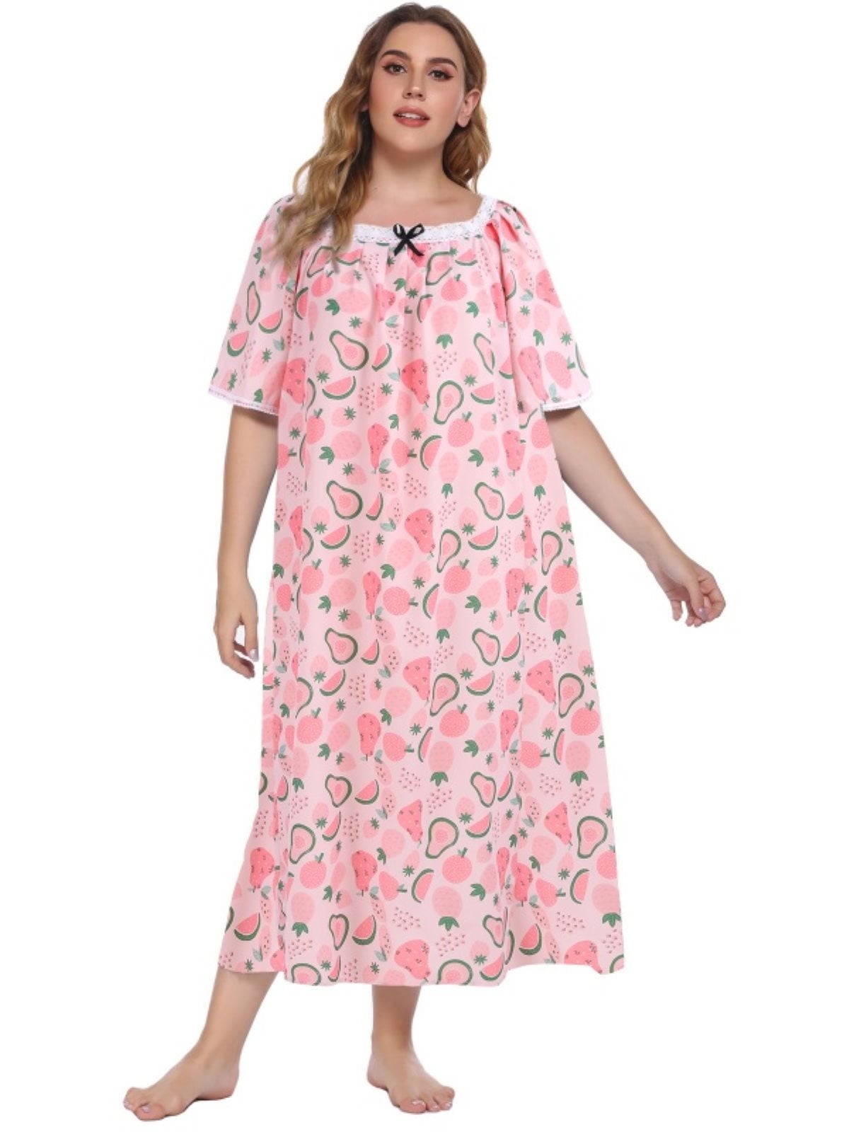 EFINNY Women's Plus Size Long Nightgowns Fruit Print Short Sleeve Long