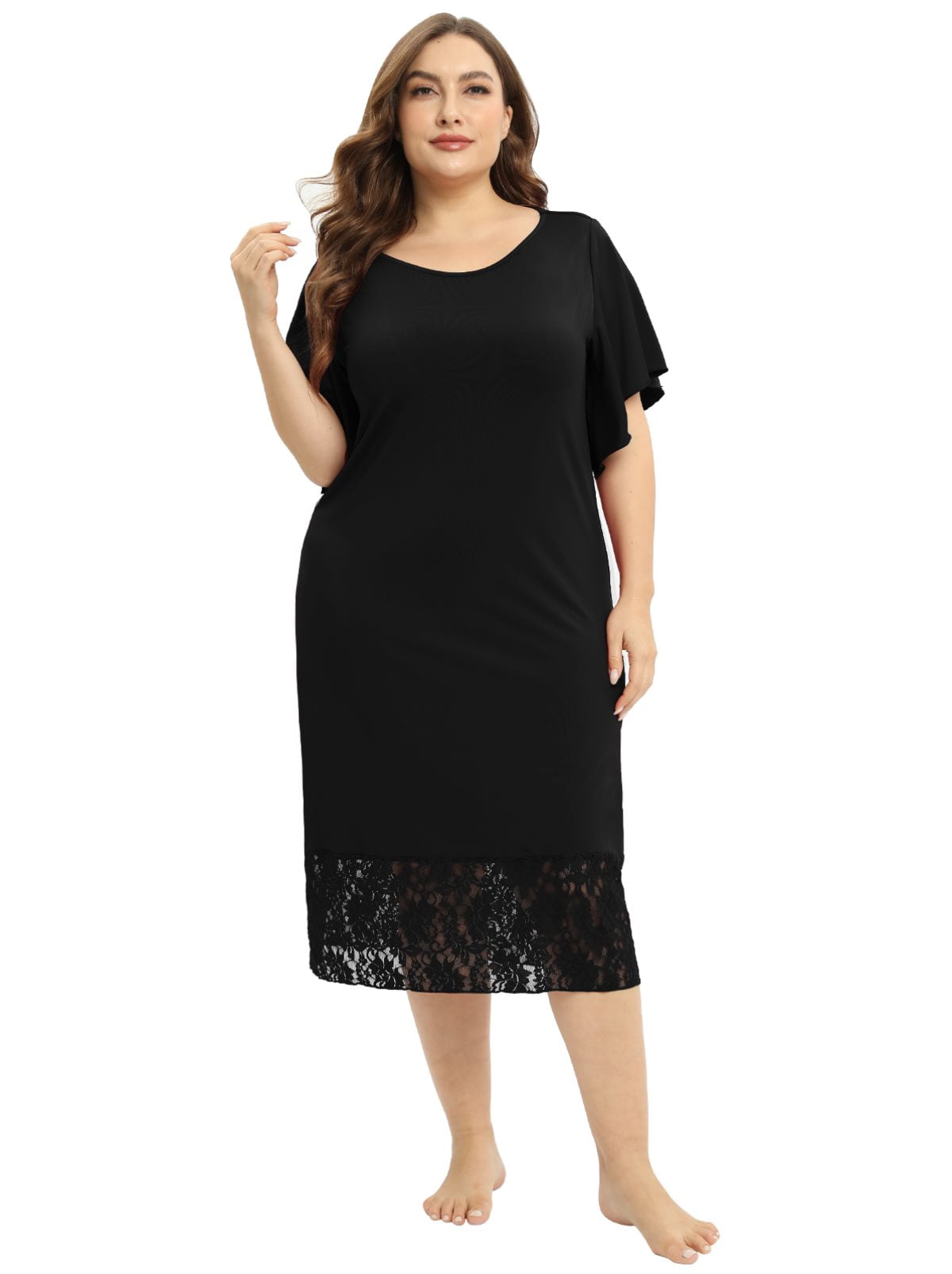 EFINNY Women's Plus Size Nightgowns Short Sleeve Lace Panels Sleepwear ...