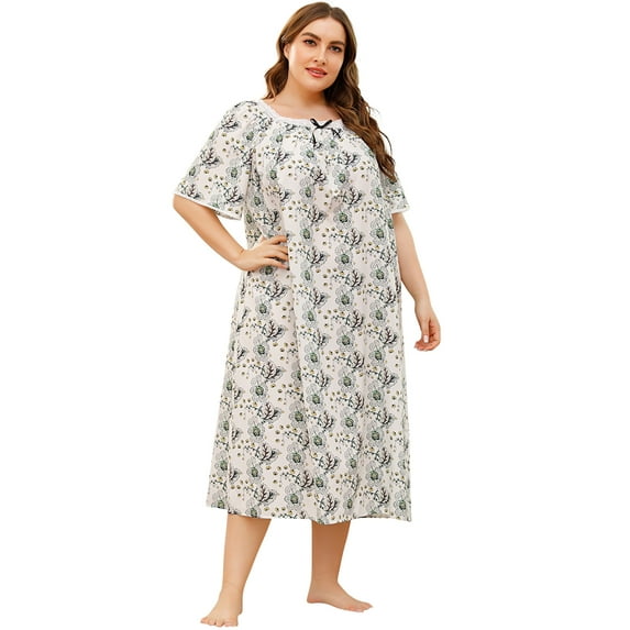 EFINNY Women's Plus Size Printed Loungewear Home Wear Short Sleeve Nightgown Lace Stitch Nightdress