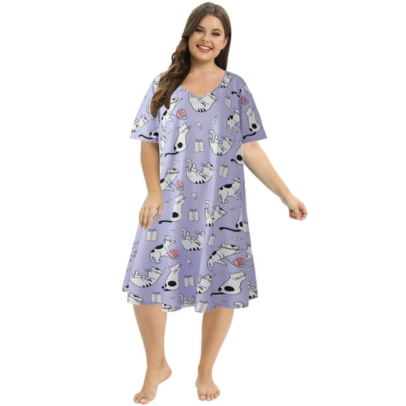 EFINNY Women's Plus Size Short Sleeves Nightgowns Fashion Print Nightshirt Pullover Soft Nightdress Loungewear