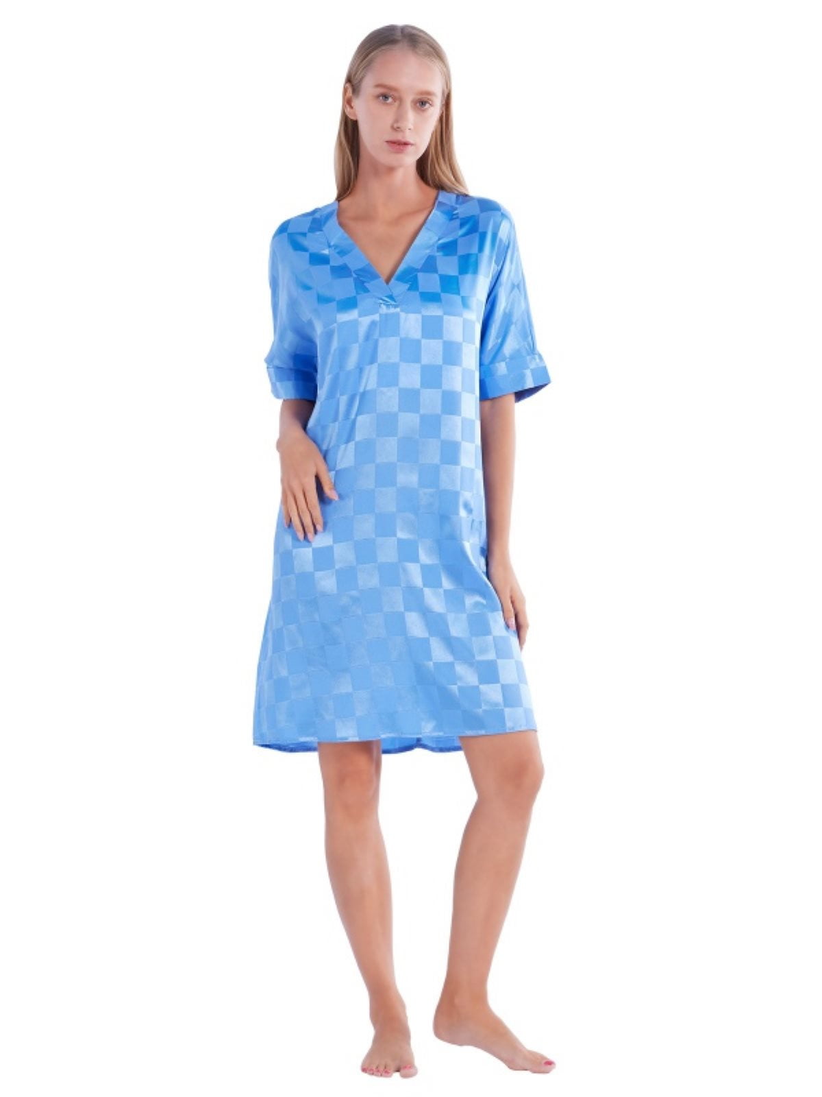 EFINNY Women's Satin Silk Nightgowns V Neck Plaid Printing Sleepshirt