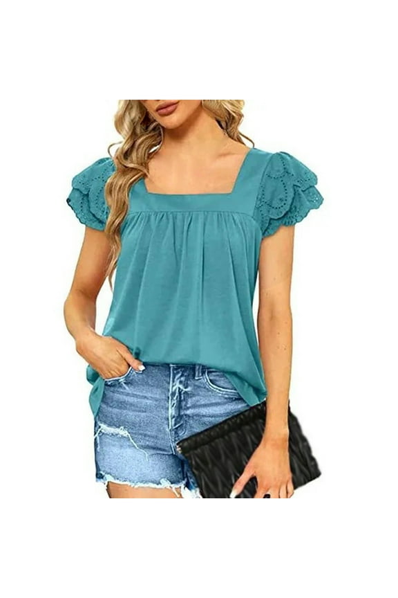 Women's Shirts Square Neck Lace Petal Sleeve T-shirt Short Sleeve Casual Lace Blouses Top