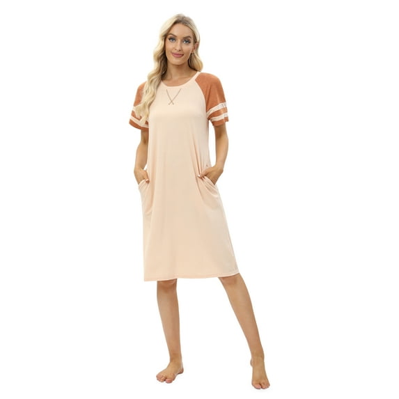 EFINNY Women's Short Sleeve Nightgowns Contrast Color Nightdress Round Neck Nightshirt Comfy Cotton Sleepshirt with Pockets S-3XL