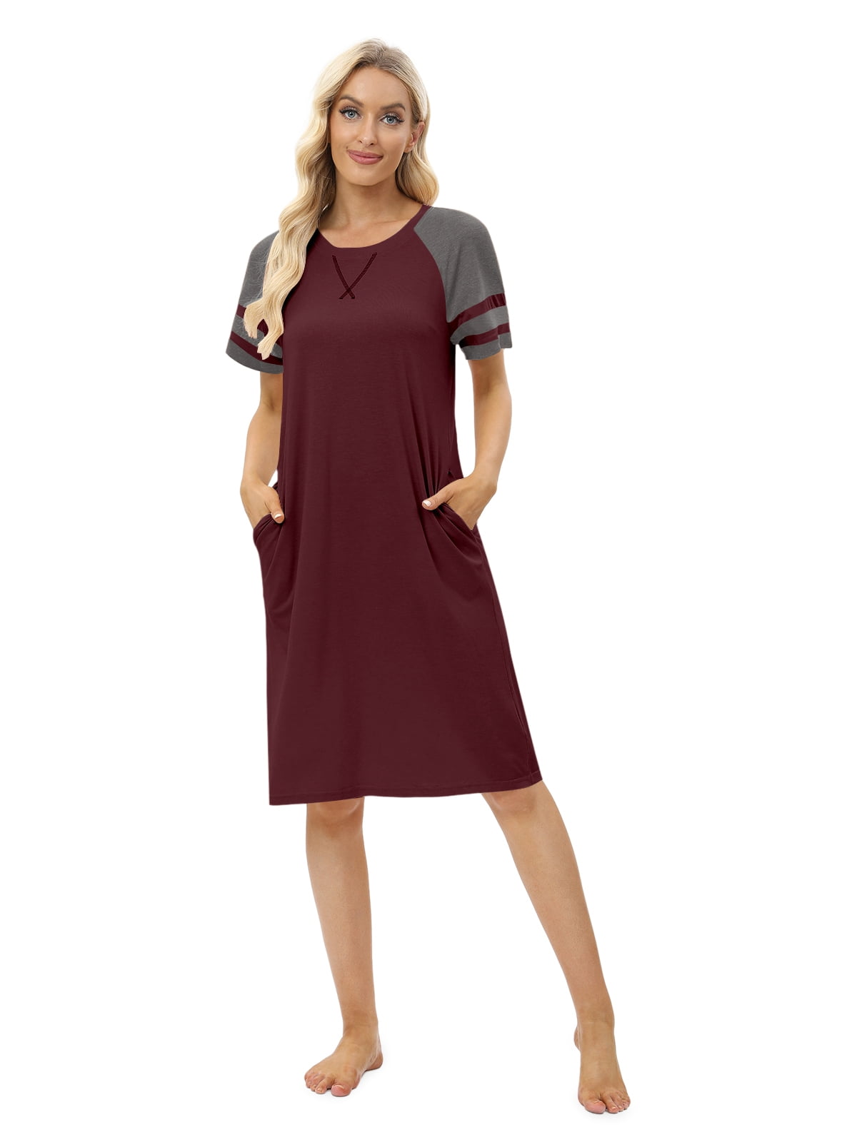 EFINNY Women's Short Sleeve Nightgowns Contrast Color Nightdress Round