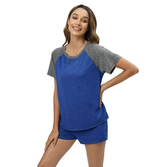 EFINNY Women's Short Sleeve Pjs Top and Shorts Sets 2Pcs Sleepwear Contrast Color Pajamas Round Neck Comfy Cotton Loungewear S-3XL