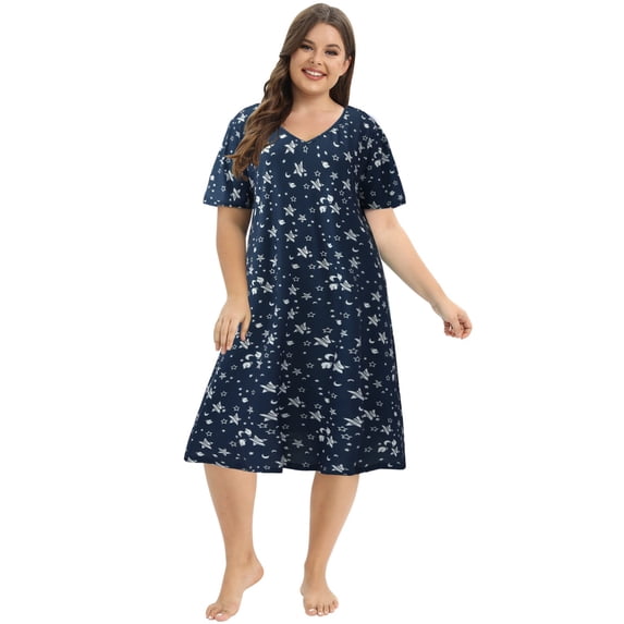 EFINNY Women's Short Sleeves Nightgowns Fashion Print Nightshirt Pullover Soft Nightdress Loungewear