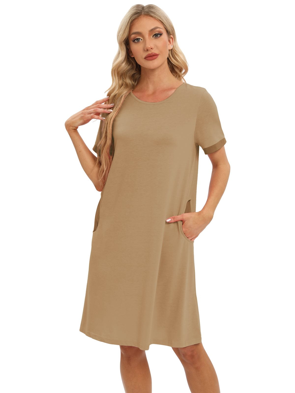 EFINNY Women's Short Sleeves Nightgowns Stitching Contrast