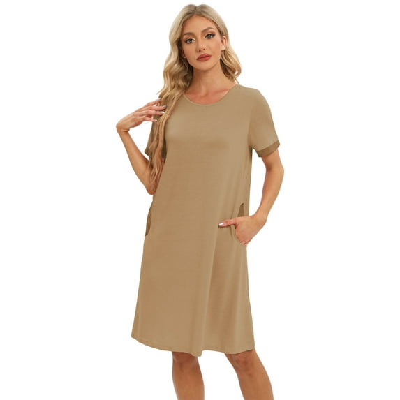 EFINNY Women's Short Sleeves Nightgowns Stitching Contrast Nightshirt Pullover Soft Nightdress Loungewear with Pockets