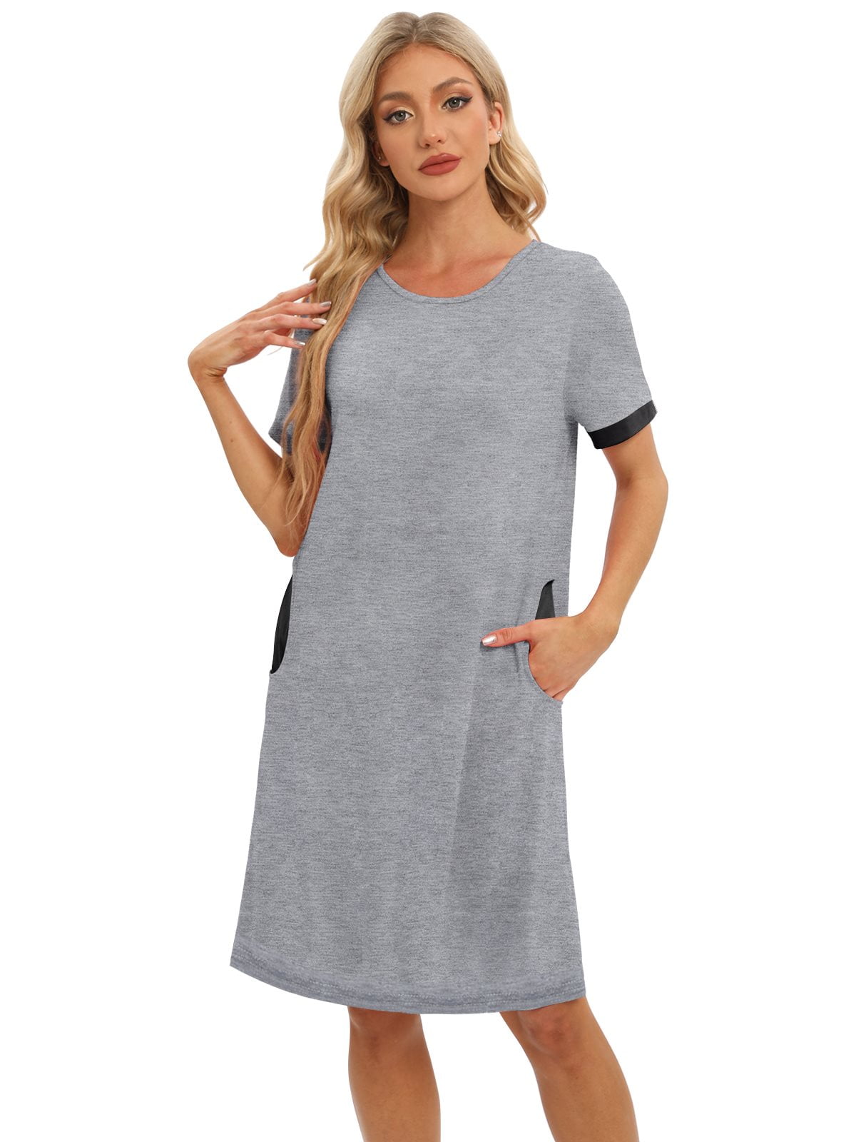 EFINNY Women's Short Sleeves Nightgowns Stitching Contrast Nightshirt ...