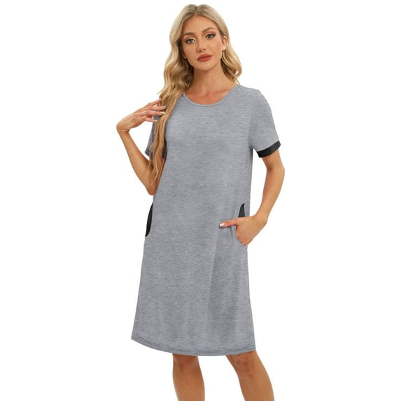 EFINNY Women's Short Sleeves Nightgowns Stitching Contrast Nightshirt Pullover Soft Nightdress Loungewear with Pockets