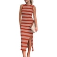 thumbnail image 1 of EFINNY Women's Sleeveless Crew Neck Bodycon Maxi Dresses Side Slit Knit Striped Long Tank Dress Casual Beach Vacation Long Dress, 1 of 7
