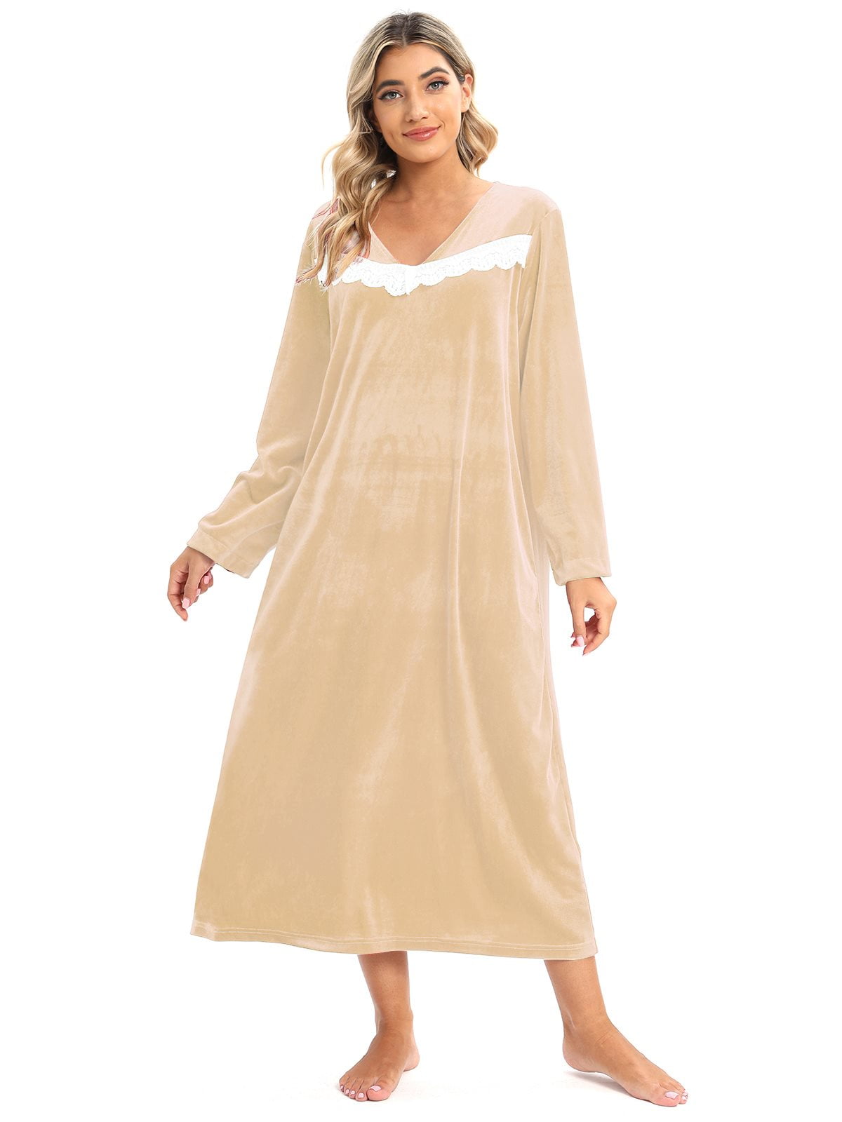 EFINNY Women's Soft Velvet Nightgown Long Sleeve Sleepdress Full Length  Sleepwear Autumn Winter Warm Loose Nightdress Velour Home Wear,S-XXL
