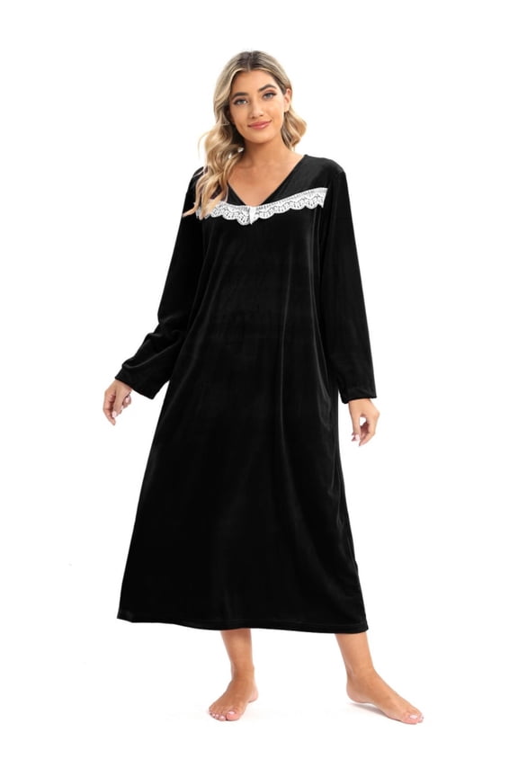 Women's Soft Velvet Nightgown Long Sleeve Sleepdress Full Length Sleepwear Autumn Winter Warm Loose Nightdress Velour Home Wear,S-XXL
