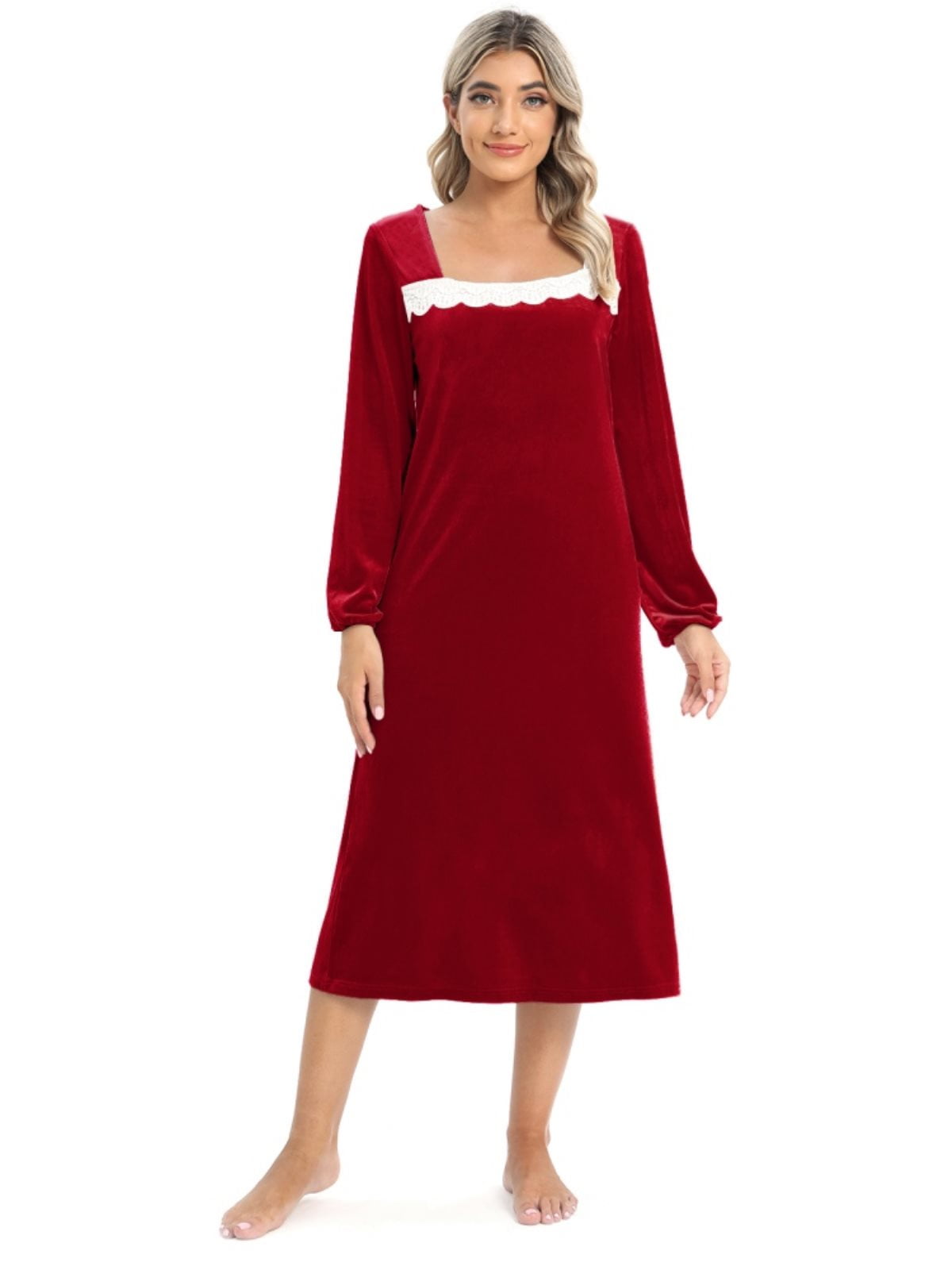 EFINNY Women's Soft Velvet Nightgown Long Sleeve Sleepdress Full Length  Sleepwear Autumn Winter Warm Loose Nightdress Velour Home Wear,S-XXL 