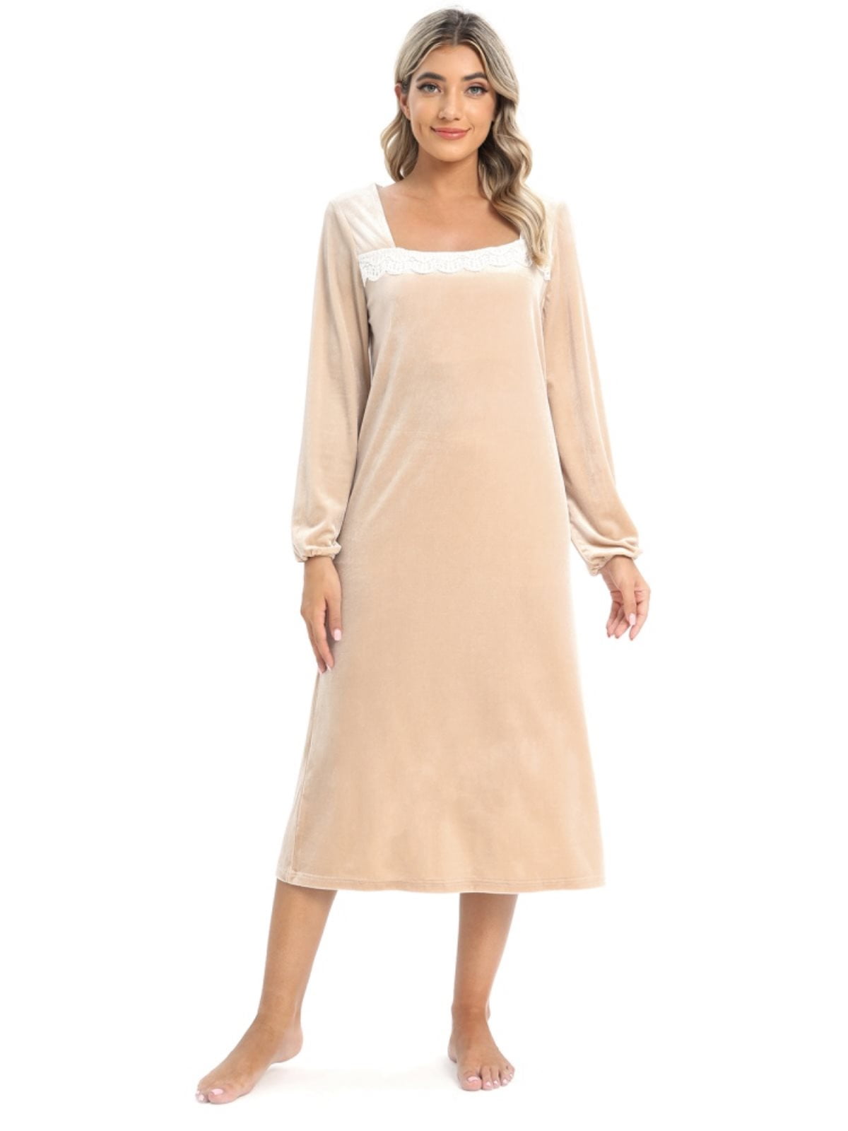 Dark Blue Solid Velvet Nighty Full Length