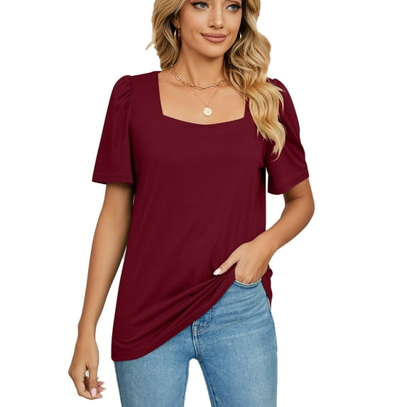 EFINNY Women's Square Collar Cotton Shirts Short Sleeve Solid Color T-Shirt Top Spring and Summer Blouses