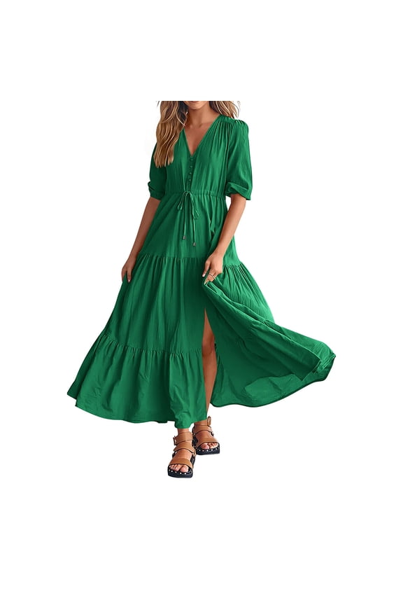 Women's Summer Short Sleeves Dresses V Neck Button Drawstring Maxi Dresses for Women Boho Long Dress