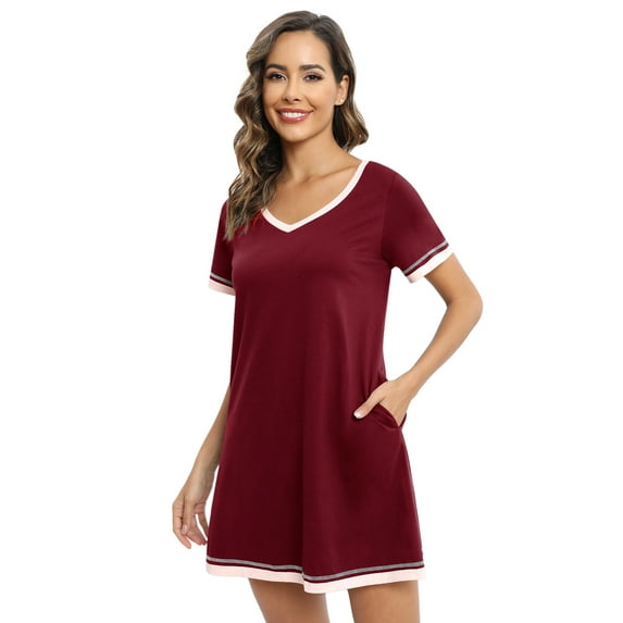 EFINNY Women's V Neck Nightshirt Cotton Casual Sleepwear Short Sleeve Nightgown with Pockets S-3XL