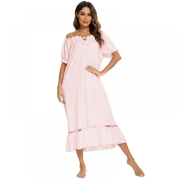 EFINNY Women's Vintage Nightgown Short Sleeve Nightdress Lace Victorian Nightwear Lounge Dress
