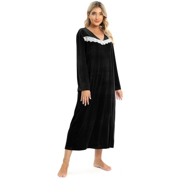 EFINNY Women's Vintage Velvet Nightgowns Long Sleeve V-Neck Lace Full-Length Loungewear Sleepwear Pajama Dress