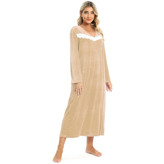 EFINNY Women's Vintage Velvet Nightgowns Long Sleeve V-Neck Lace Full-Length Loungewear Sleepwear Pajama Dress