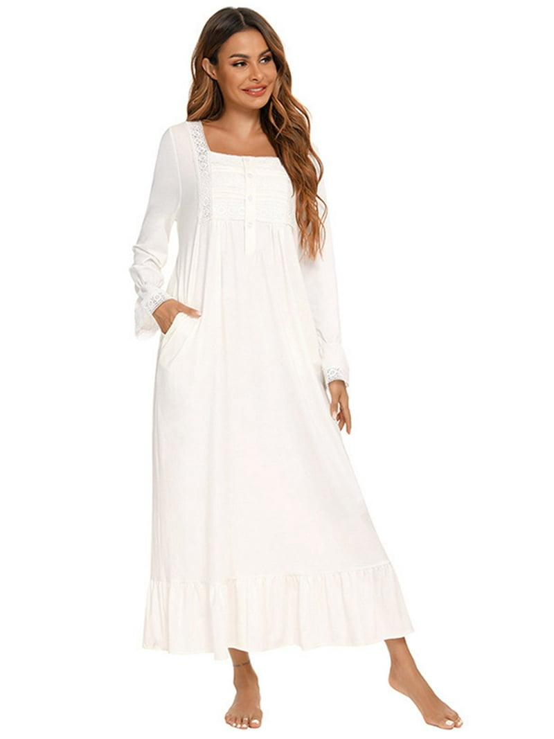 EFINNY Women's Lightweight Polyester Lounge Gown, White Victorian