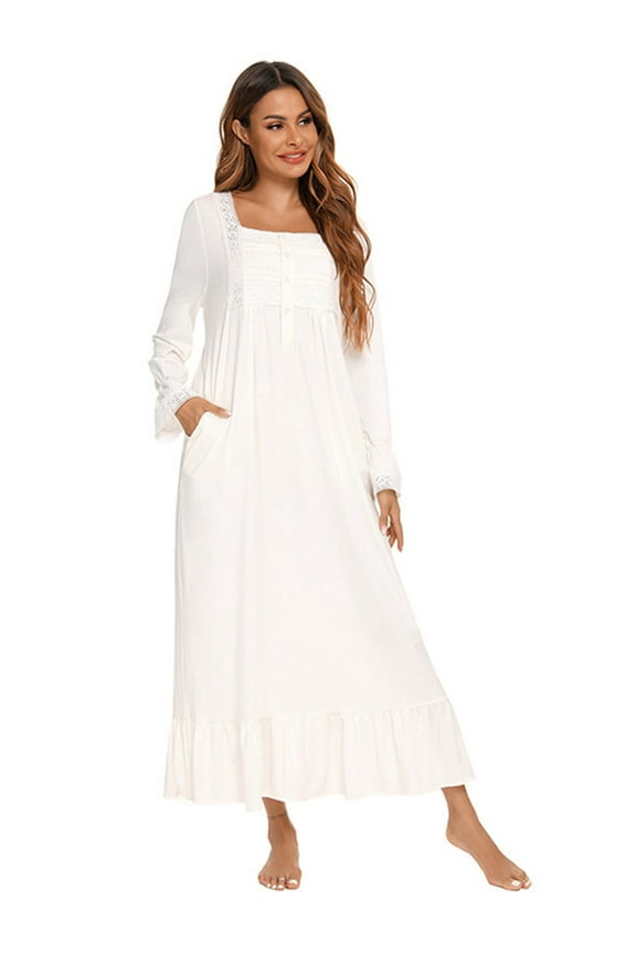 Women's White Nightgown Button Down Full-Length Nightdress Long Sleeve Victorian Pajama Dress Soft Loungewear with Pockets