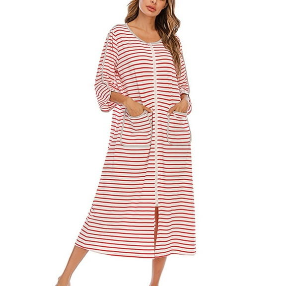 EFINNY Women's Zipper Front Robes Striped House Coat 3/4 Sleeve Loungewear Long Nightgowns with Pockets S-XXL