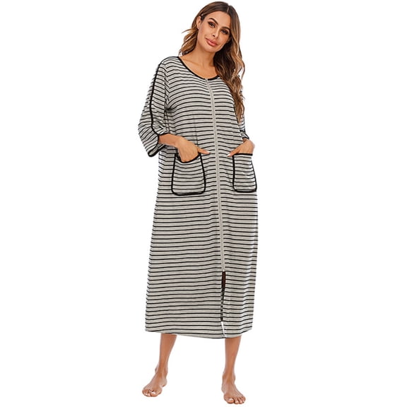EFINNY Women's Zipper Front Robes Striped House Coat 3/4 Sleeve Loungewear Long Nightgowns with Pockets S-XXL
