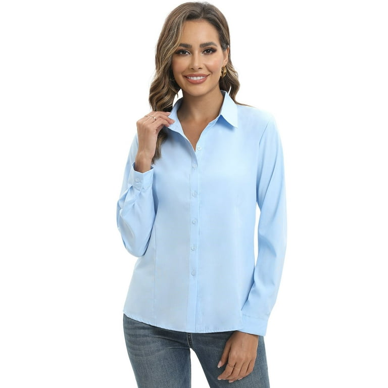 EFINNY Womens Button Down Shirts Long Sleeve Work Dress Shirts, Ladies V  Neck Collared Business Casual Blouses