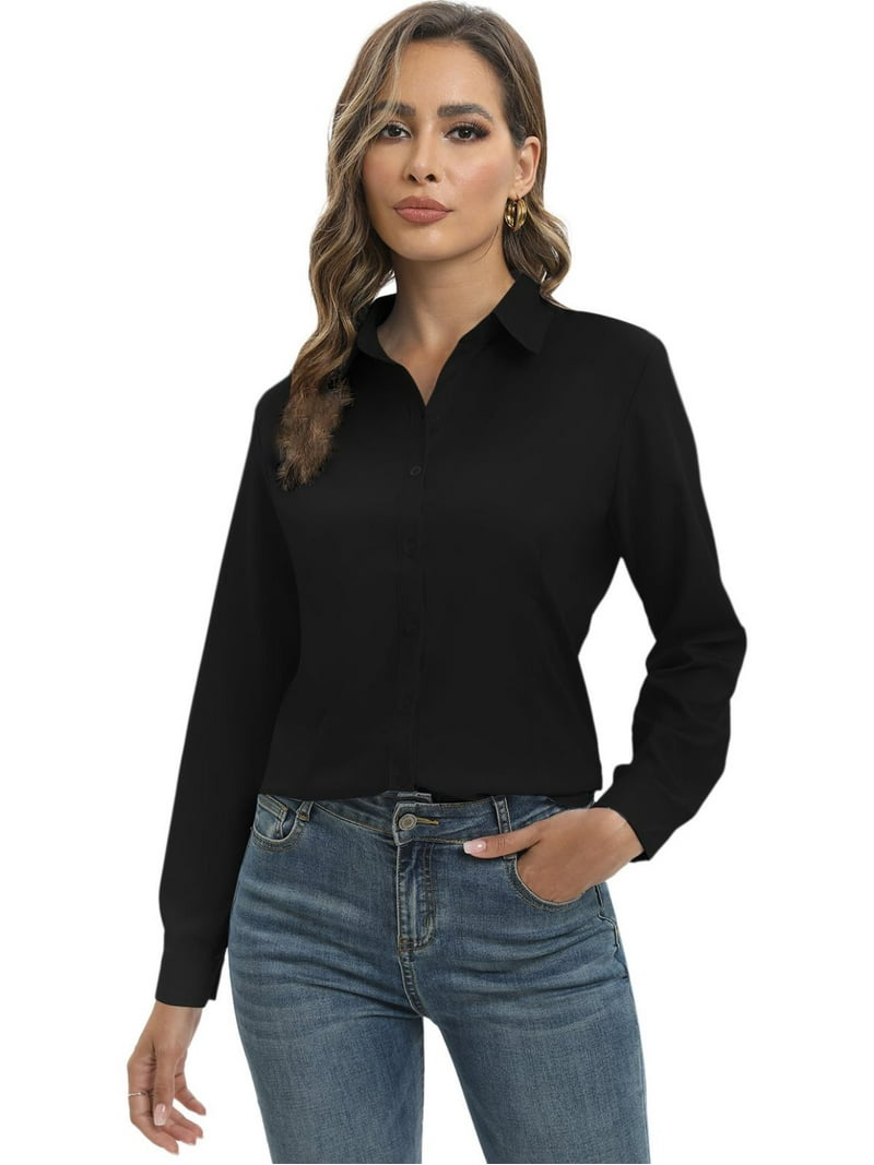 Womens Plain Long Sleeve Shirt Black Dress Shirt Female EFINNY Womens  Cotton-Polyester Long Sleeve Button Down Dress Shirts, V Neck Collared,  Casual And Business