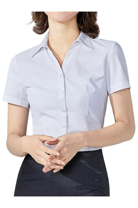 Womens Button Down Shirts Short Sleeve Work Dress Shirts, Ladies V Neck Collared Business Casual Blouses,S-5XL
