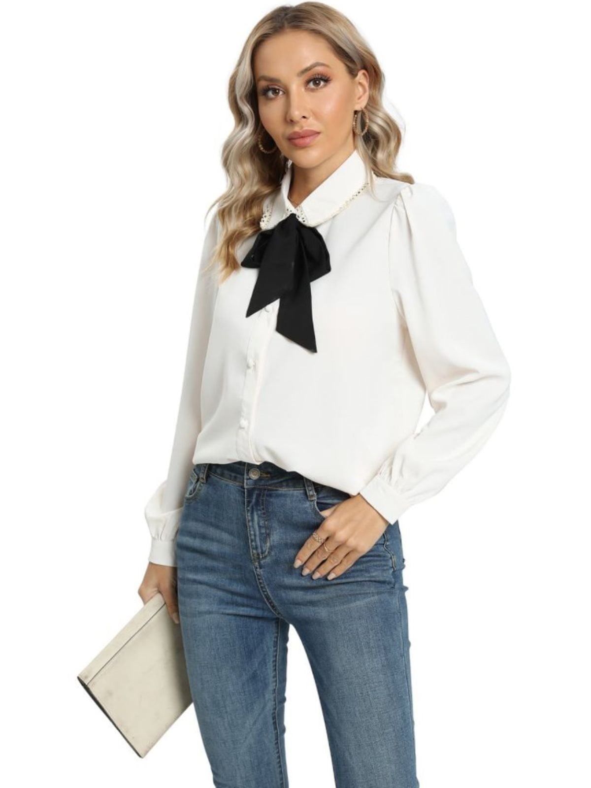 EFINNY Womens Chiffon Button Down Shirts Long Sleeve Bow Tie Neck White