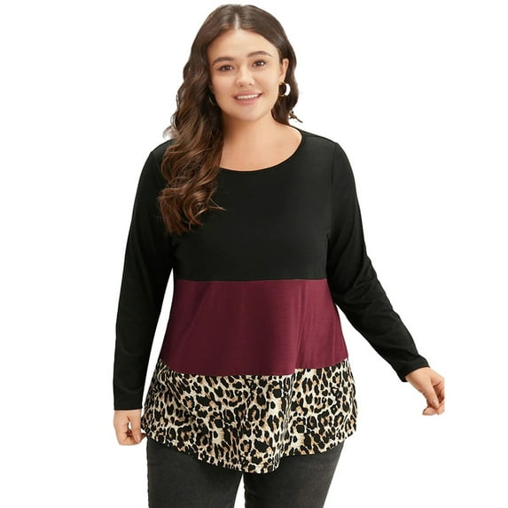 EFINNY Womens Plus Size Shirts Casual Long Sleeve Crewneck Color Block Patchwork Pullover T-Shirt Tops