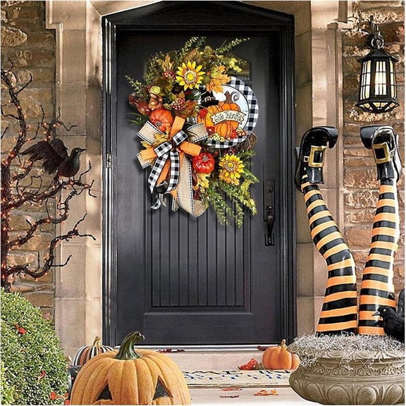 EFINNY Wreath, Halloween Autumn Peony and Pumpkin, 17.7"