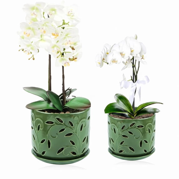 EFISPSS orchid pot with holes,5+6 inch Ceramic plant pots with holes and tray,promoting air circulation and drainage,indoor/outdoor green flower pot,Set of 2