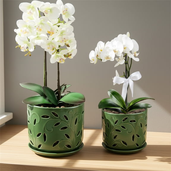 2 pack Ceramic orchid pot with drainage hole and tray,indoor/outdoor 5+ 6 inch planter pot set-Green