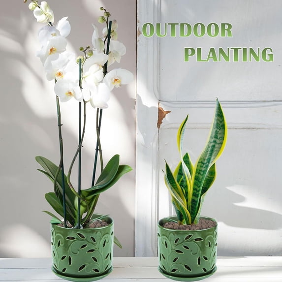 2 Pack Ceramic Orchid Pot with Airflow Holes,5+ 6 Inch Decorative Planter for Phalaenopsis and Cattleya, Includes Saucer and Mesh Pad