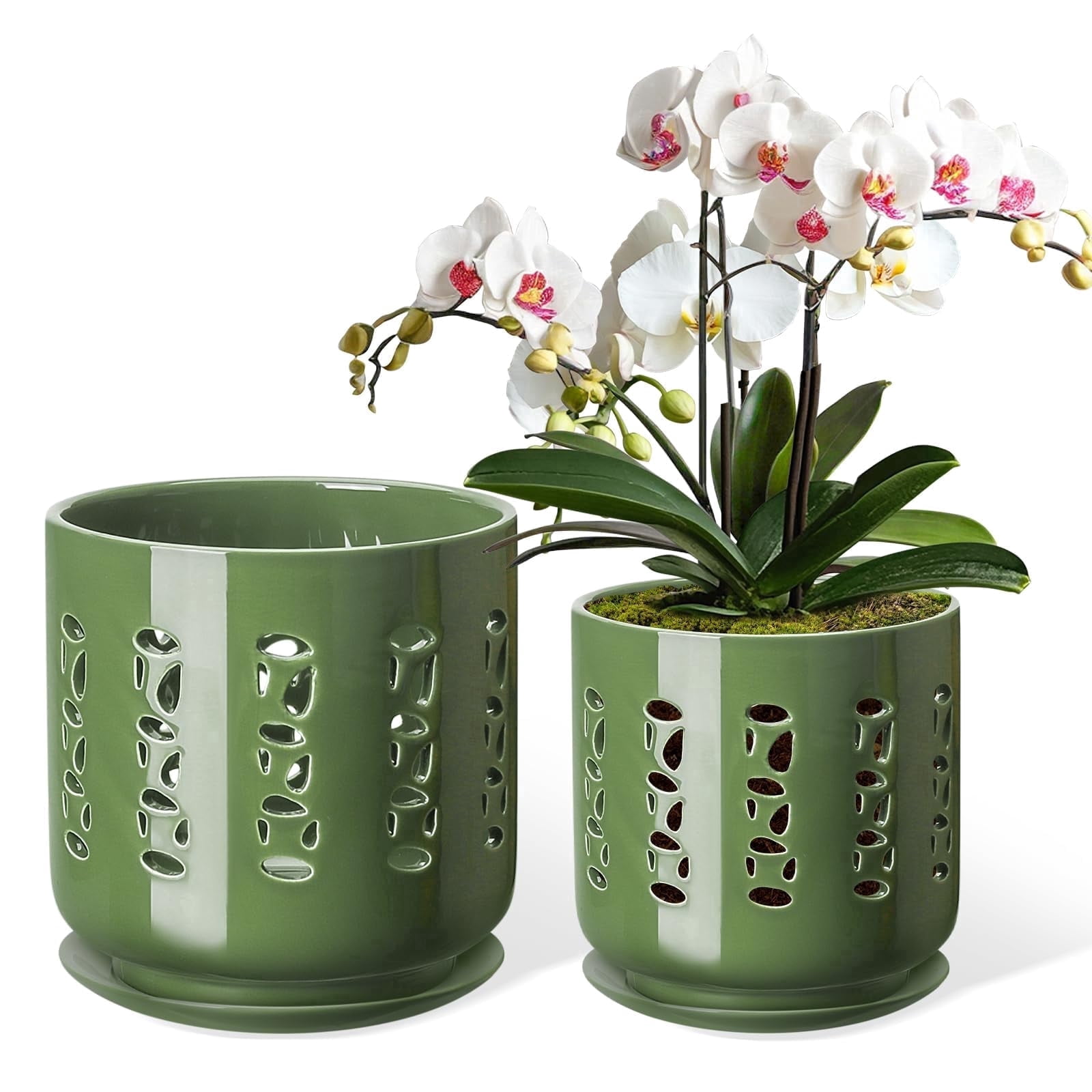 Orchid Pots with Holes, 5+6 Inch Ceramic Orchid Pot, Enhance Good Ventilation and Drainage, Flower Pots for Indoor/Outdoor Plants 2 Pack - Forest Green